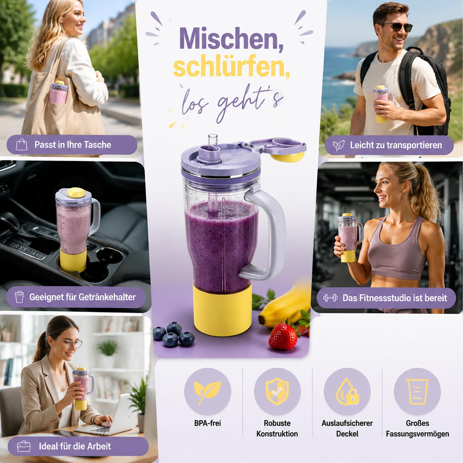710 ml Mixbecher Ersatz für Ninja BlendBoss DB301 und DB351 Reihe, Lila | BPA-freier Milchshake-Becher, auslaufsicher, bruchsicher spülmaschinenfest für Fitness, Camping Büro und Unterwegs