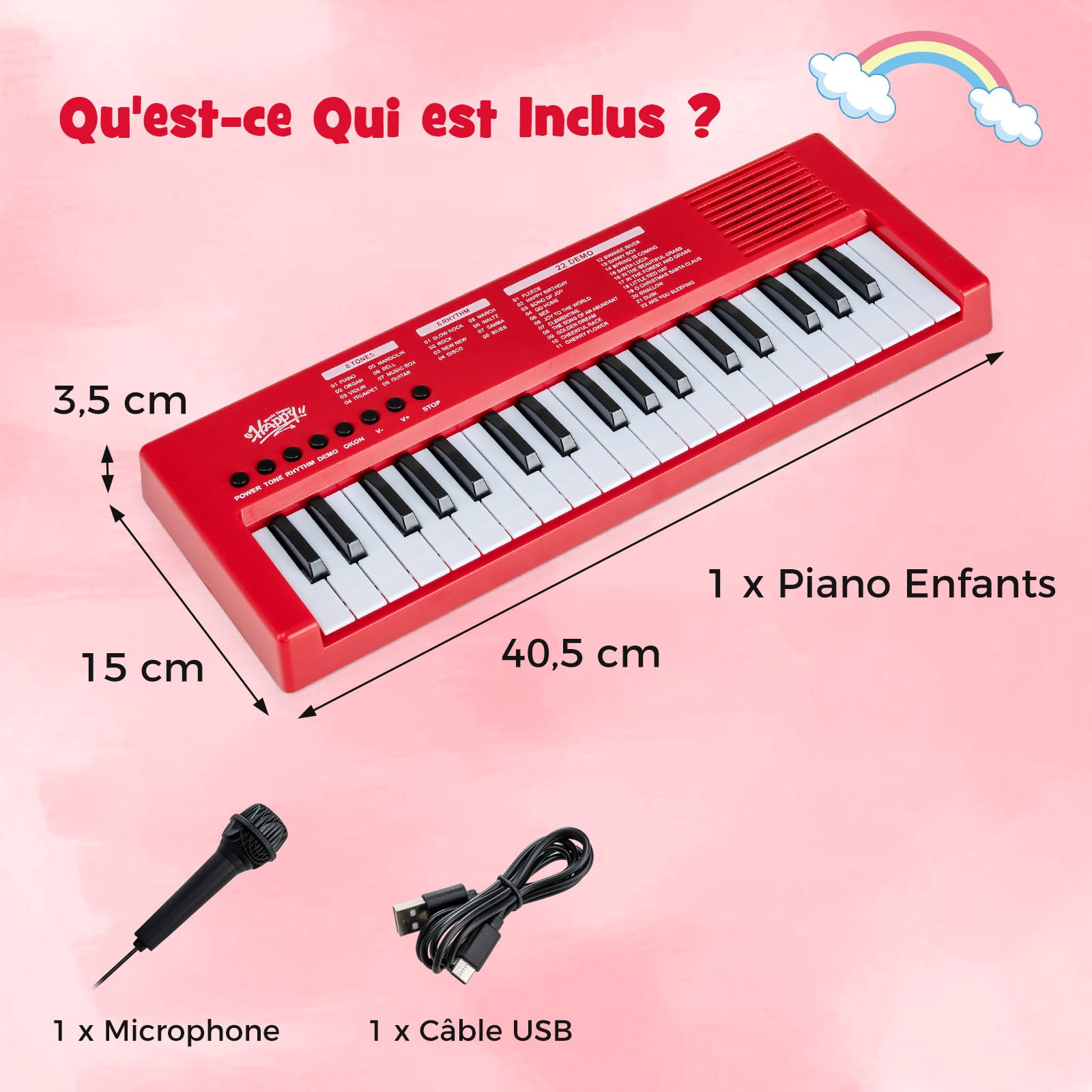 COSTWAY Clavier Piano Enfants 37 Touches avec Microphone, Piano Numérique Portable avec 8 Rythmes, 8 Tonalités, 22 Démos, Haut-parleurs, Jouet Musical Éducatif pour Garçons Filles 3 Ans+ (Rouge)