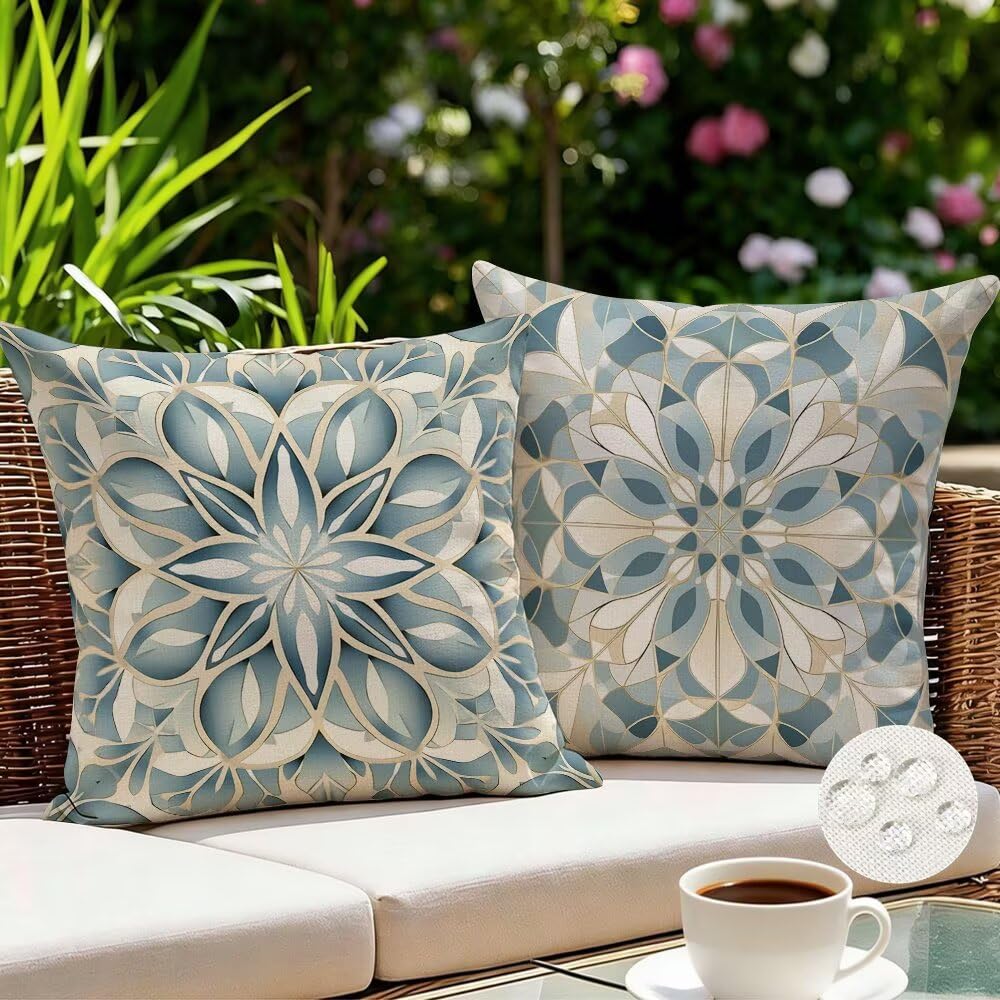 Federe Cuscini da Esterno Impermeabili 65x65 Blu Copri Cuscini per Divano Boho Federa Cuscino Floreale Decorativi Copricuscini per Divano Giardino Patio Soggiorno Copricuscino Set di 2 (IU403)