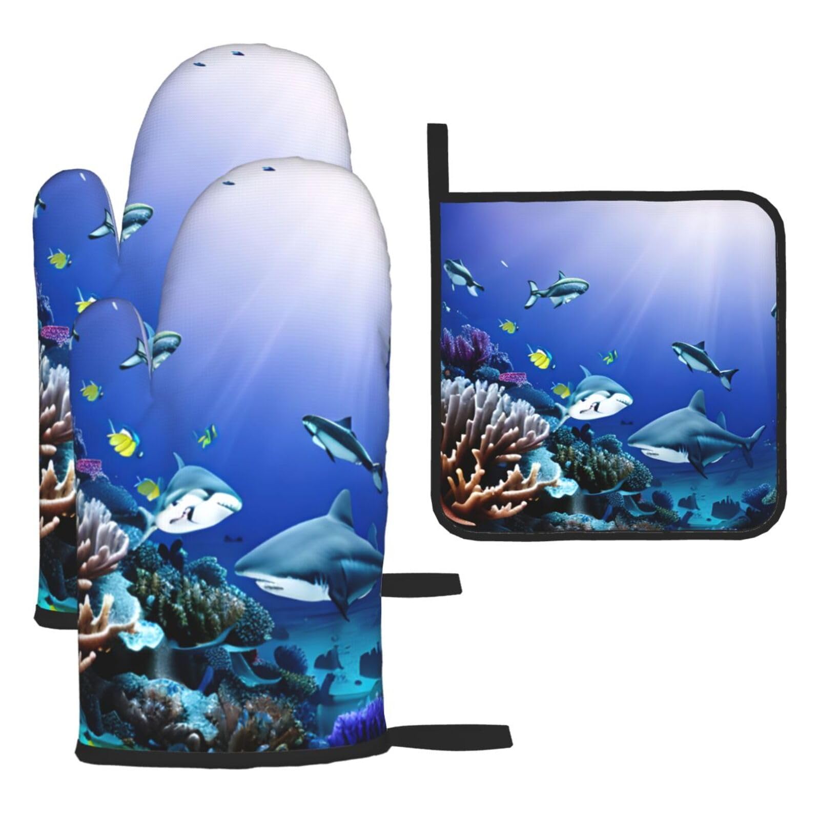 Yyoretp Black Shark Swimming Under The Sea Print Oven Mitts And Potholders Bbq Gloves-Oven Mitts And Pot Holders For Cooking Baking