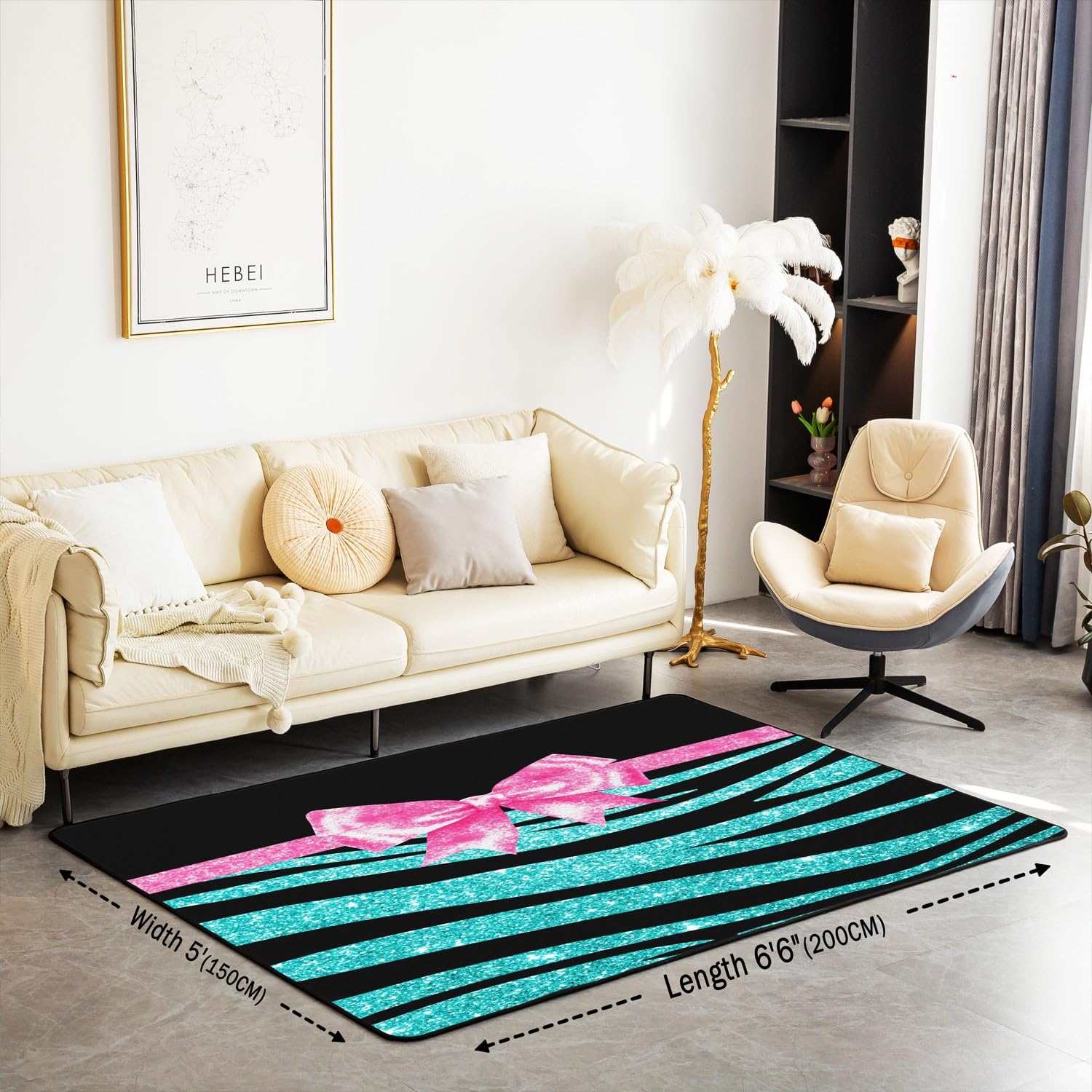 Dywaniki do salonu, niebieski, brokatowy nadruk, 100 x 150 cm, różowa kokardka, dekoracja do salonu, w paski, dekoracyjny dywan, dla chłopców, dziewcząt, dzieci, dorosłych (bez brokatu)
