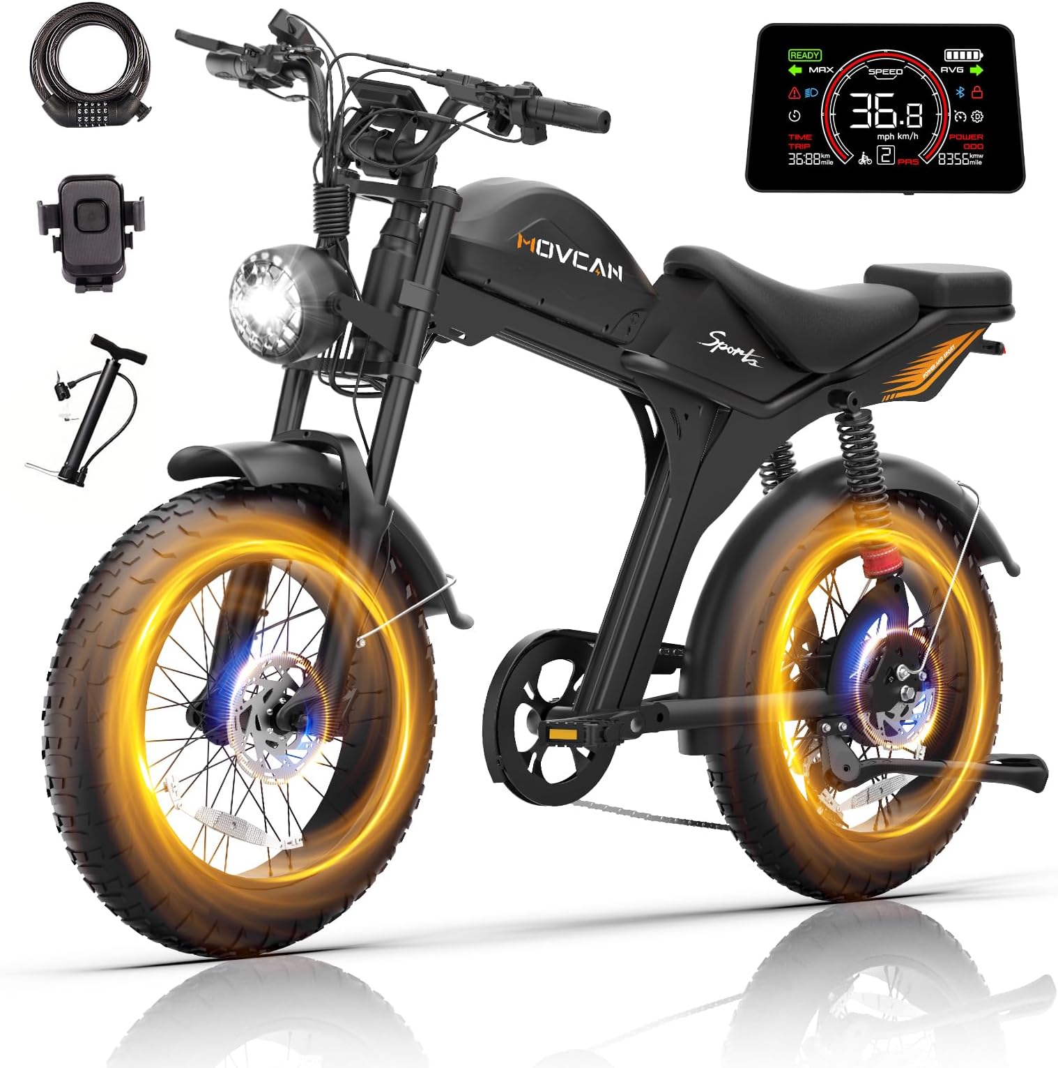 Movcan V70 Electric Dirt Bike for Adults,2000W Motor Peak 2500W Up to 35MPH,52V 23.4Ah Removable Battery,20” Fat Tire Ebike, Phone Holder 7 Speed Dual Hydraulic Brake Electric Motorcycle Bikes,Black