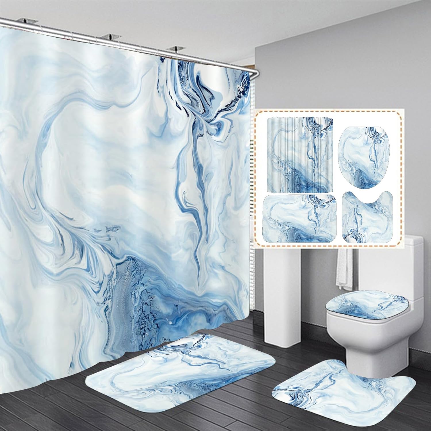 Nkzply 4 Pcs Blue Shower Curtain White Bathroom Sets with Shower Curtain and Rugs Marble Shower Curtain Set Bathroom Decor Accessories Bathroom Rugs Toilet Lid Cover Bath Mat and 12 Hooks Nkzply 4 Pcs Blue Shower Curtain White Bathroom Sets with Shower Curtain and Rugs Marble Shower Curtain Set Bathroom Decor Accessories Bathroom Rugs Toilet Lid Cover Bath Mat and 12 Hooks