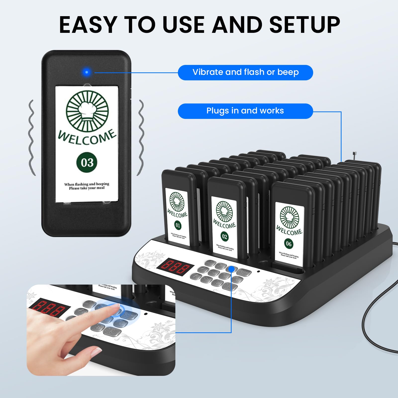 Sistema di chiamata wireless della coda del sistema di ricerca del ristorante 30 cicalini | Vibrazione, lampeggiante e cicalino, lungo 500 m, cercapersone per ristoranti, cibo, camion, chiesa, asilo nido, bar