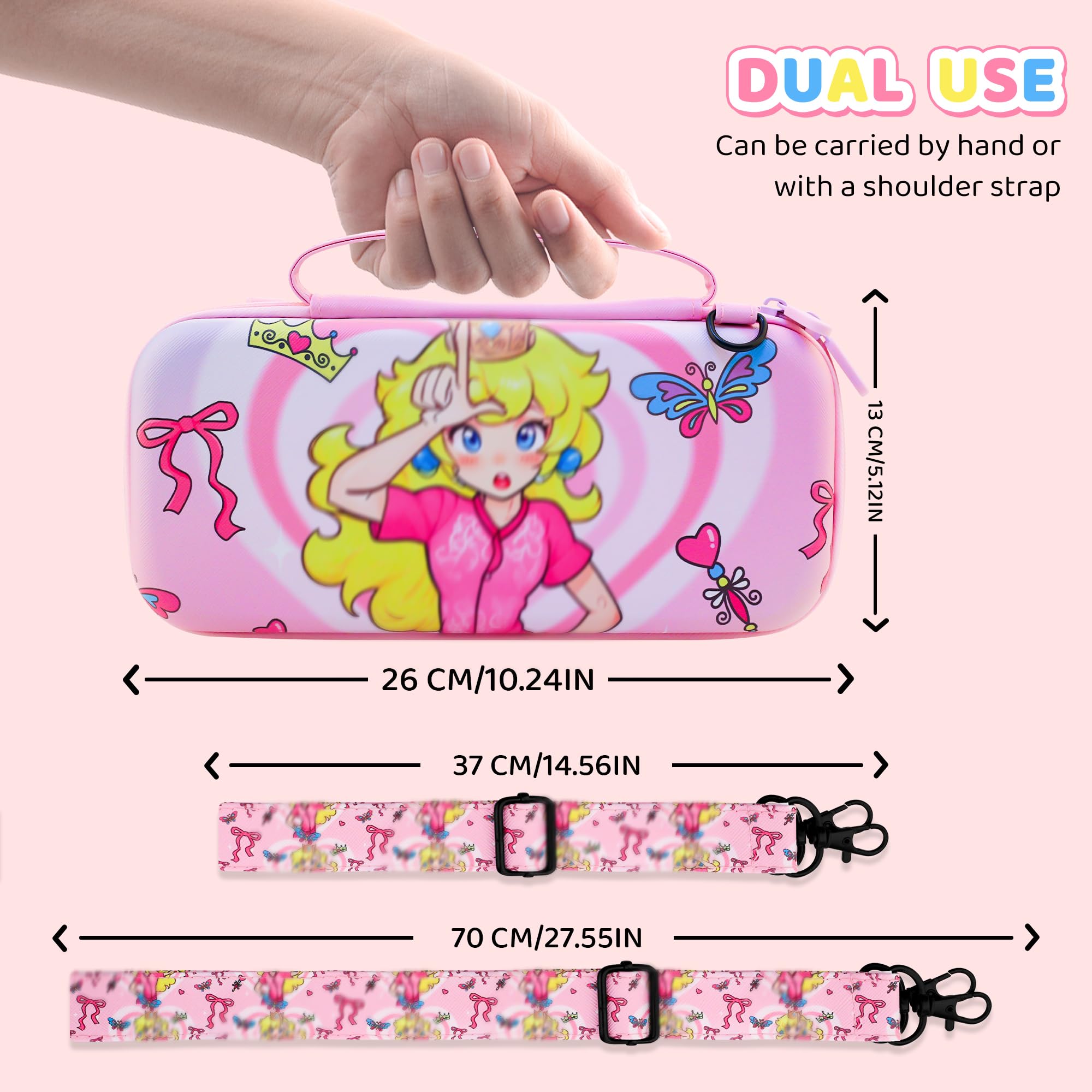 HYPERCASE Carino rosa NS (non OLED/Lite) Switch Case Kit di Principessa, con interruttore portatile Borsa da viaggio, TPU Softshell Switch Cover Skin, Screen Protector, Spallacci & 2 Kawaii Thump Caps