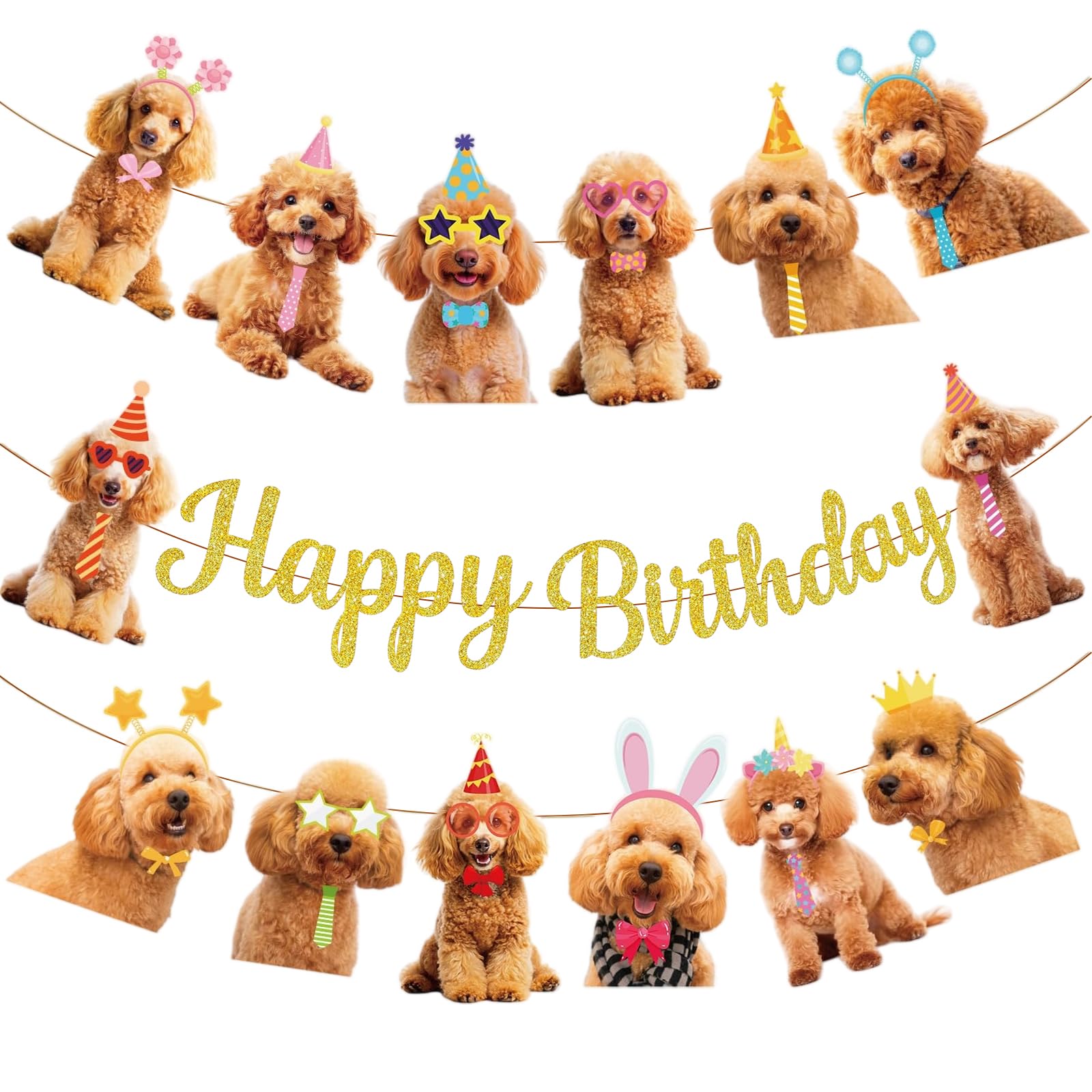 Tazuxetuqe Dog Happy Birthday Banner, Golden Doodle Birthday Party Decorations Gold Glitter Puppy Birthday Banner Decorations for Pet Dog Theme Party Bunting Decoration Baby Shower Party Supplies