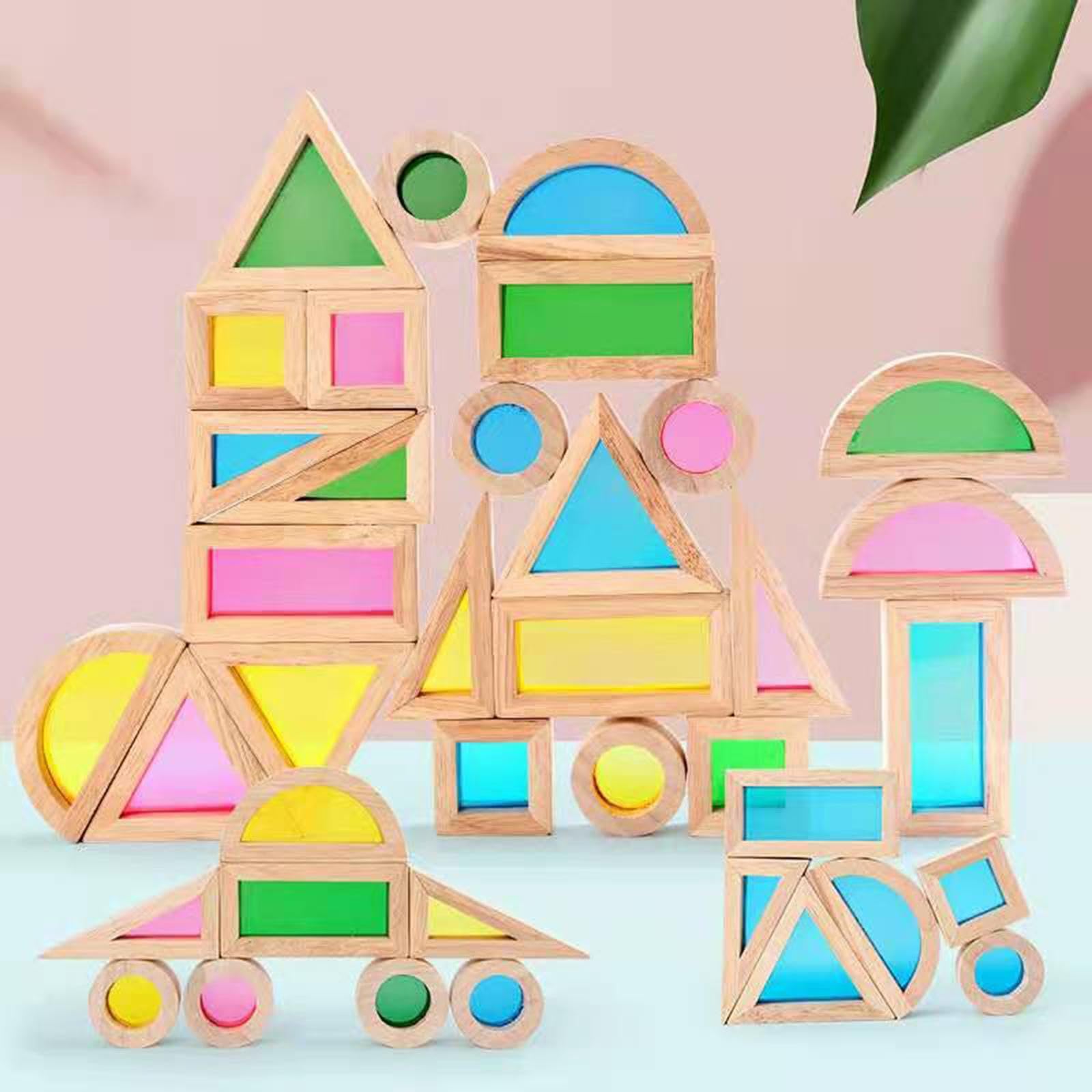 Bloques de Construcción Educativos de 24 Piezas, de Madera Y Acrílico, Formas Apilables, Colores, Juguetes de Aprendizaje Temprano para Niños