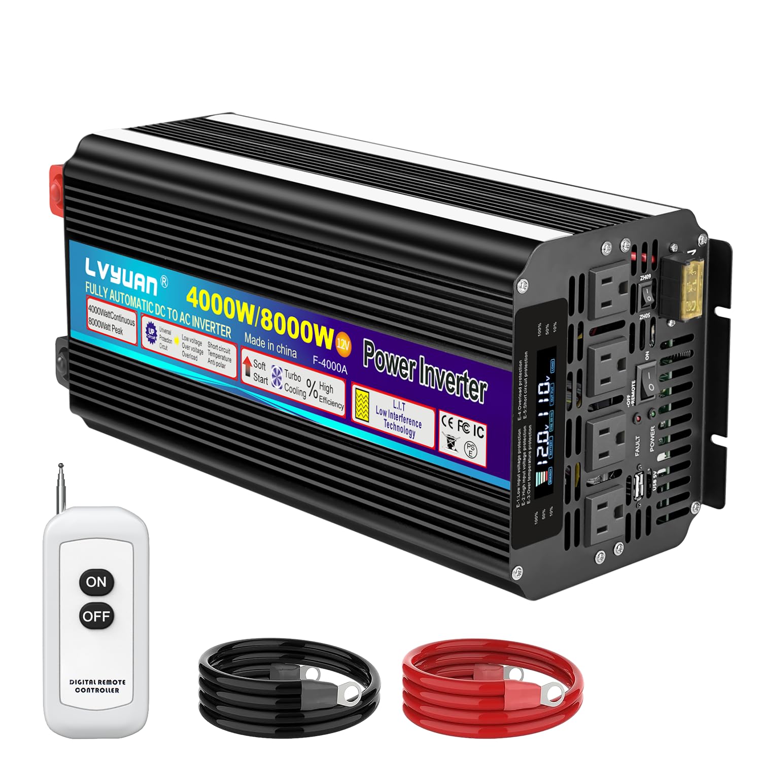 LVYUAN 4000 Watt Power Inverter 12V to 110V 120V for Vehicle, Solar Inverter System, Heavy Duty, RV, Truck, Off Grid,Camping with 4 AC Outlets, LCD Display, Wireless Remote Control, Car Power Inverter