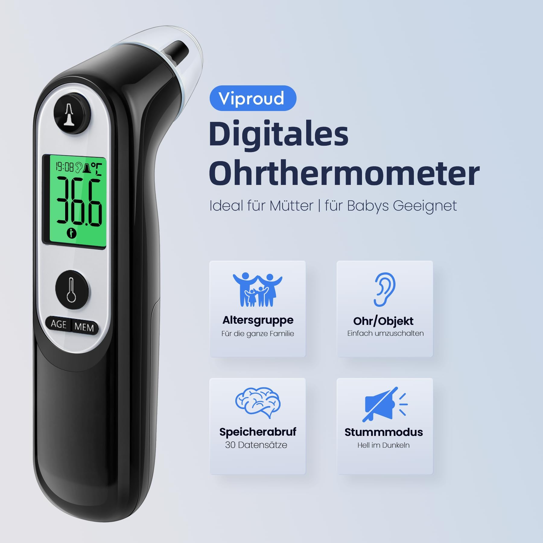 Digitales Infrarot-Ohrthermometer für Babys, Erwachsene & Senioren – Präzise Alterserkennung, farbcodiertes Display, 21x Hygienekappen, 1-Sekunden-Messung & Fieberalarm (Schwarzer)