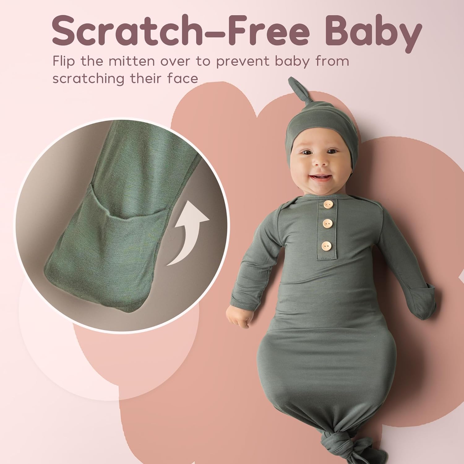 Soft Baby Knot Gown 0-3 Months, Newborn Announcement Sleepers With Mitten Cuffs and Personalized Wooden Name Tag - Image 8