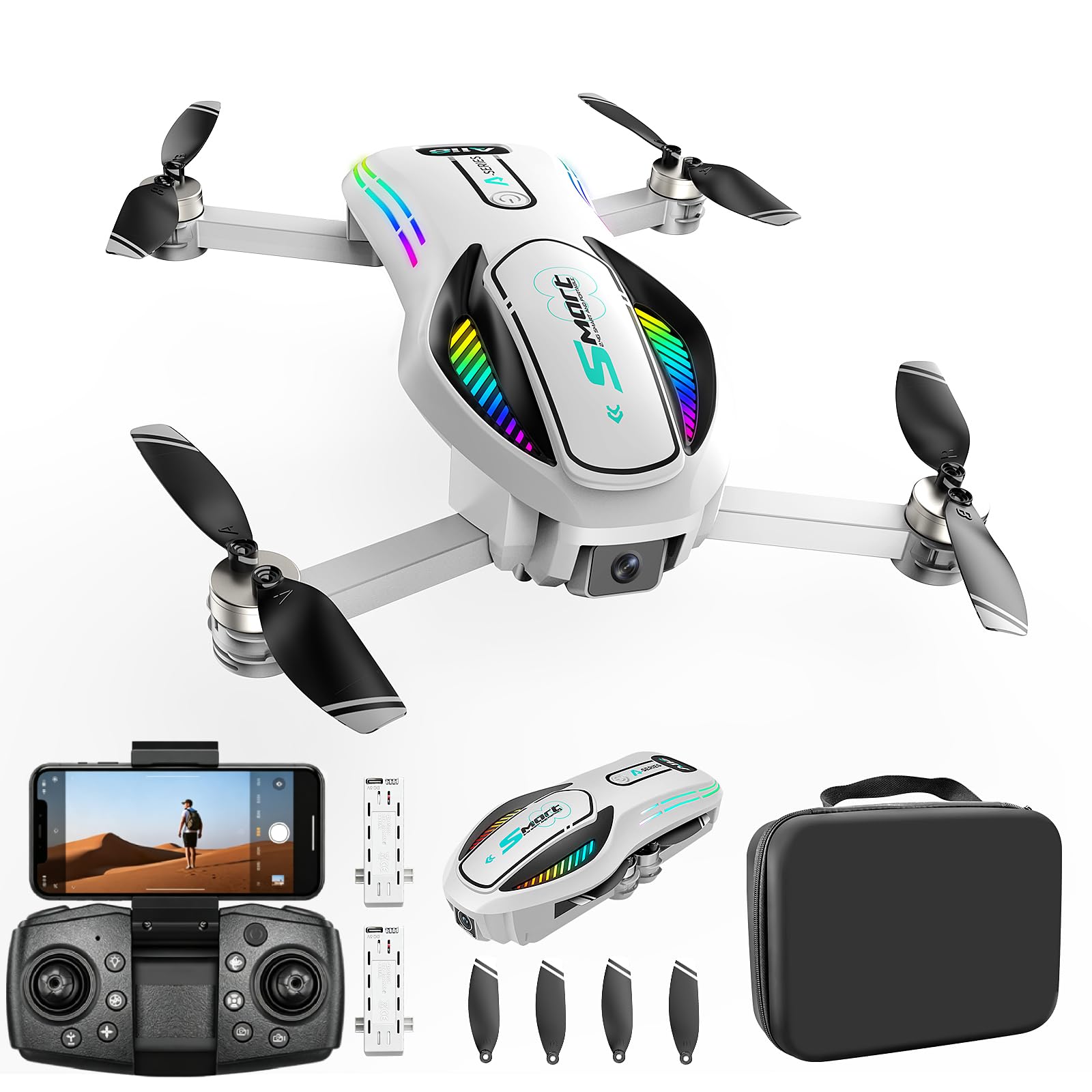 Drone 8K HD con Schermo e Doppia Fotocamera, Drone con Evitamento Ostacoli & Flusso Ottico, WiFi 30fps Quadcopter, Pieghevole, Controllo Gesti, Kit Completo per Adulti & Principianti
