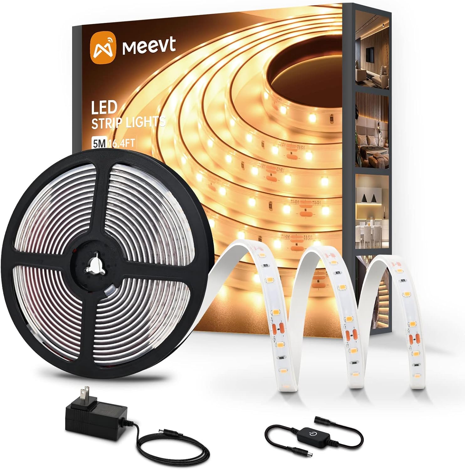 Meevt LED Strip Lights, 16.4ft/5M Warm White IP67 Waterproof 12V Flexible Outdoor Strip Light, 3000K Dimmable LED Light Strip for Bedroom, Cabinet, Balcony, Yard, Terrace(Power Controller Included)