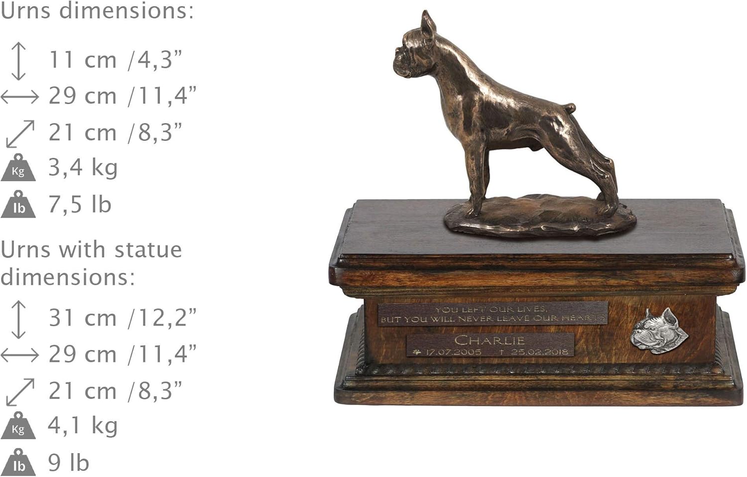 Art-Dog Custom Dog Sitting Statue Memorial Urn - Handmade Cold Cast Bronze on Birch Base – Sturdy and Stylish Urn for Dog’s Ashes – 8.3x11.4x8.7 – 5l – Boxer I