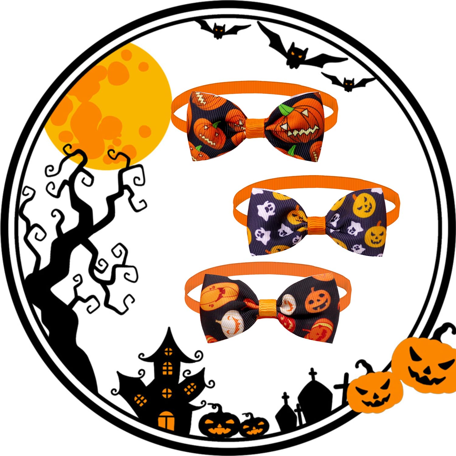 Bohue 3pcs Halloween Dog Bowties Adjustable Comfortable Dog Collar Pumpkin Dog Collars Puppy Bow Ties for Small Medium Dogs - Image 3