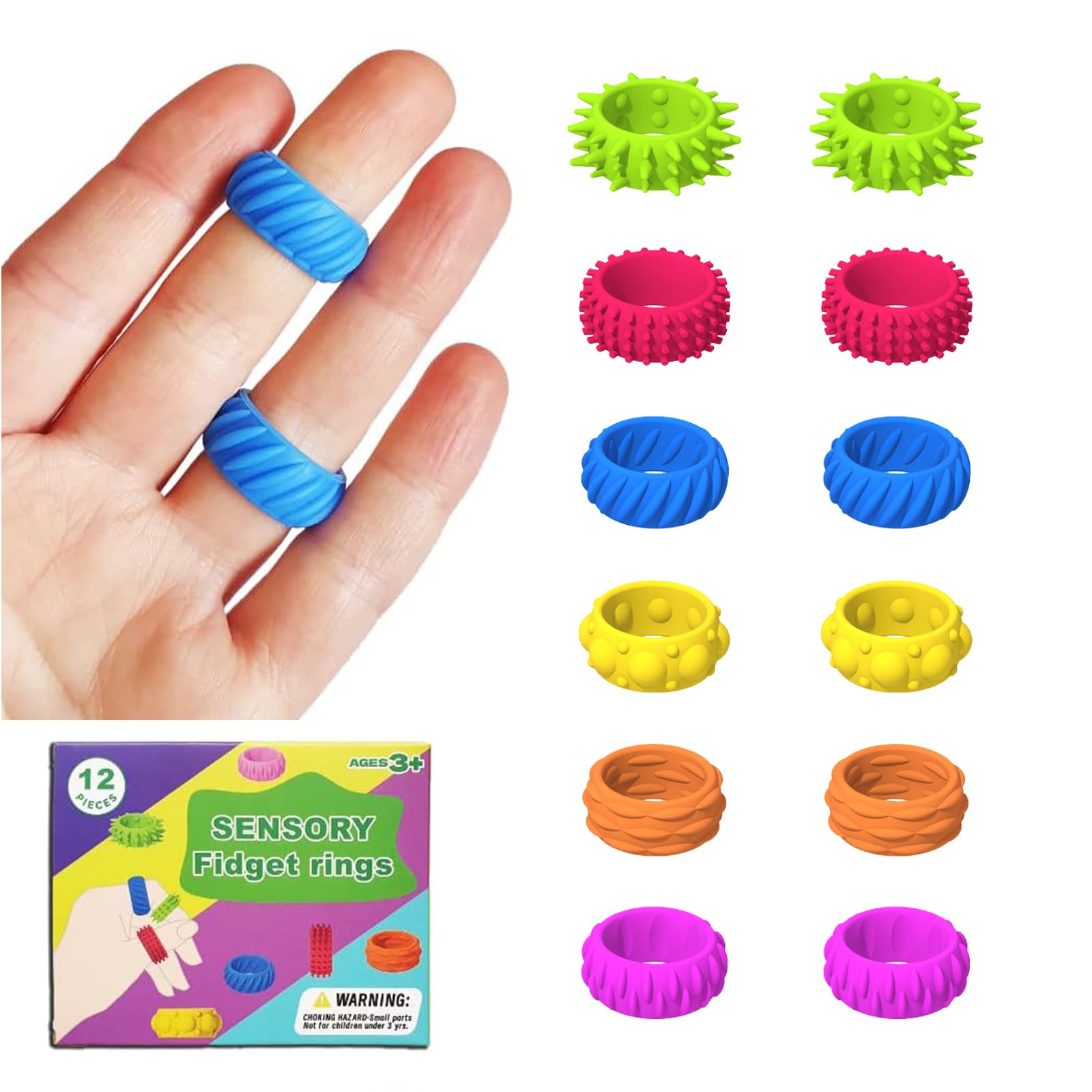 atnayo 12 Pack Fidget Rings for Kids Sensory Ring for Autism, 1.47cm, 1.7cm