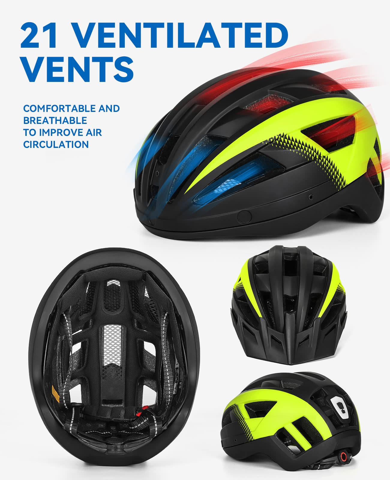 Casco Bici per Uomo Donna Adulto, Leggero MTB con Visiera Rimovibili Occhiali Magnetici e LED Luce Ricaricabile, Ciclismo da Corsa (XL: 59-63 cm, Nero Giallo)