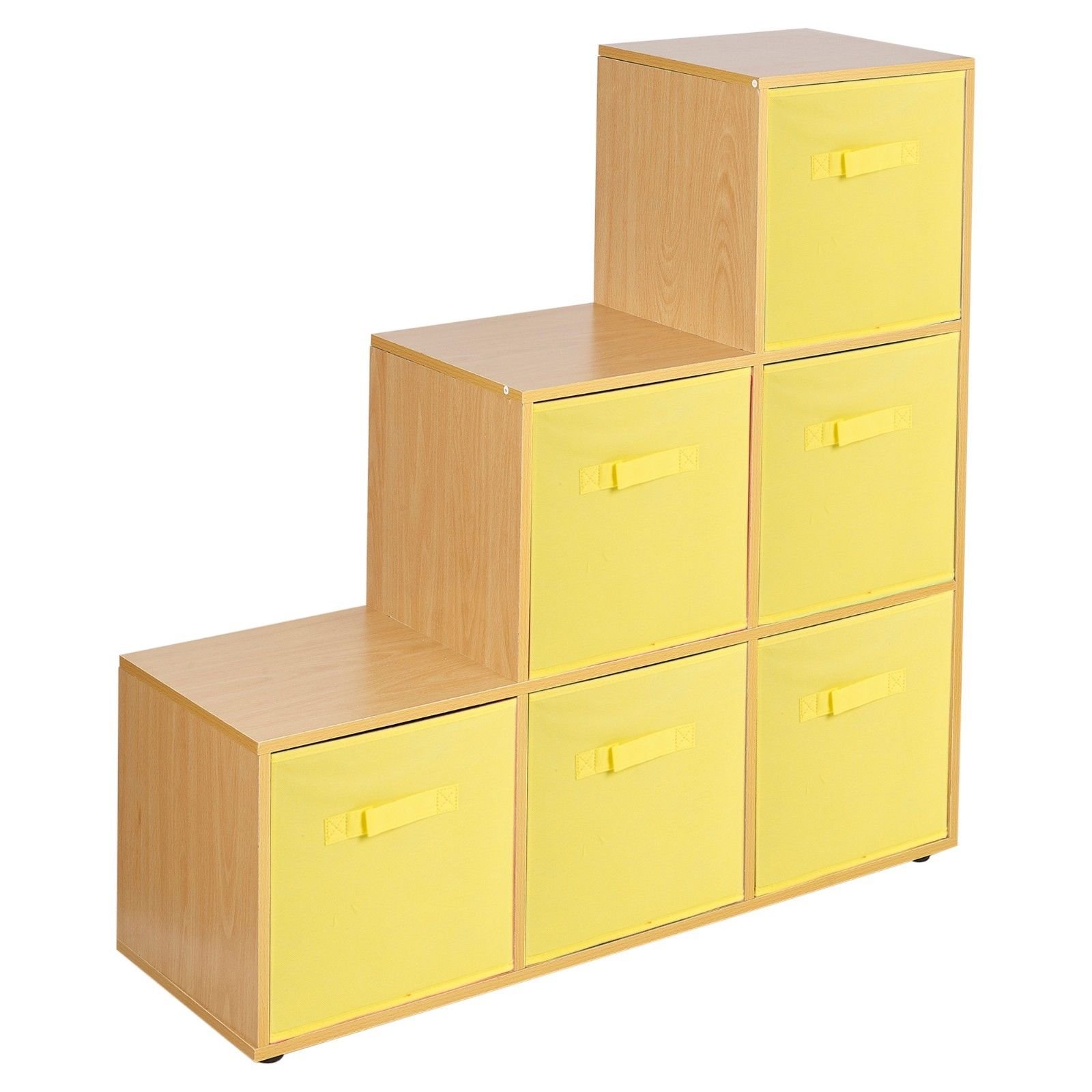 URBNLIVING 6 Cube Beech Step Storage Shelf Unit & 6 Yellow Drawers