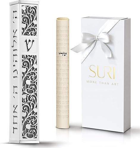 Miniatura 9 de SURI Mezuzá contemporánea para puerta, funda de mezuzá dorada y turquesa de 5 pulgadas con diseño de Jerusalén, incluye adhesivo de mezuzá para una