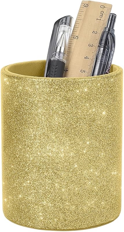 Porta-objetos redondo CALFOVERA em couro sintético dourado para pincéis de maquiagem e canetas