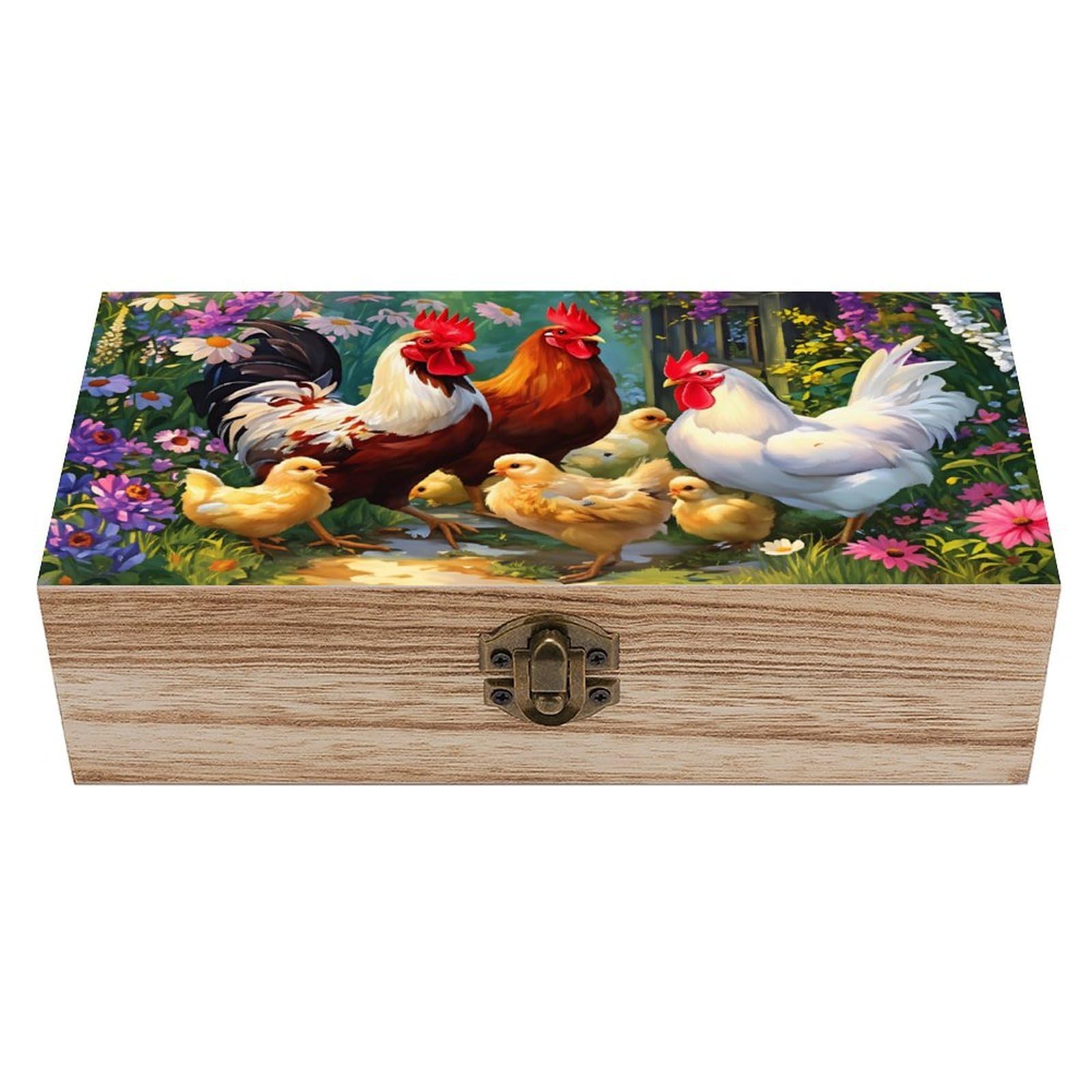 SMAZDFXX Chicken Family In Garden Scene Wooden Keepsake Box Vintage Solid Wood with Hinged Lid 7.9"×3.7"×2.3" Metal Latch Rustic Home Decor for Jewelry Photos And Trinkets