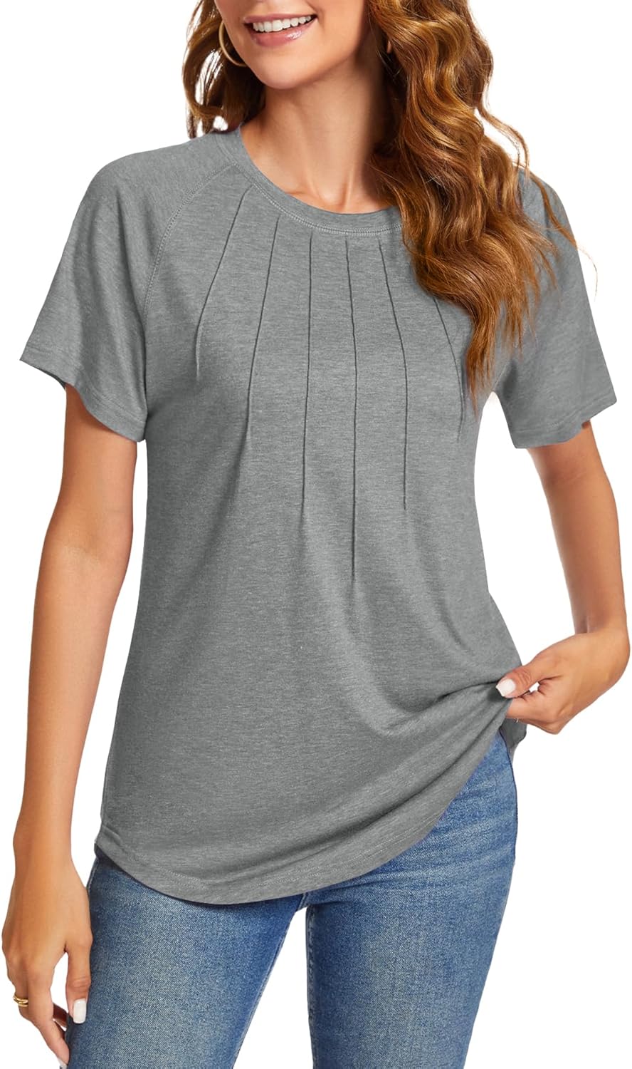 Womens Summer Tops Casual Short Sleeve Shirts Dressy Blouses Trendy Pleated Tunic