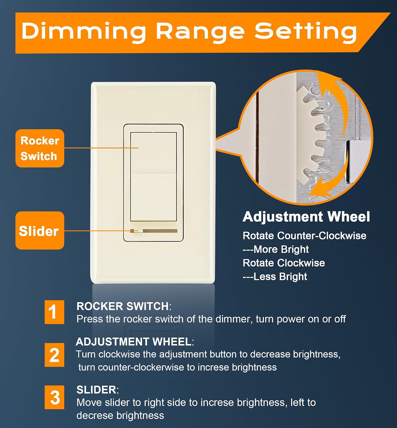 CLOUDY BAY in Wall Dimmer Switch for LED Light/CFL/Incandescent,3-Way Single Pole Dimmable Slide,600W max Incandescent,150W max Dimmable LED/CFL, Cover Plate Included,Almond,2 Pack image 3