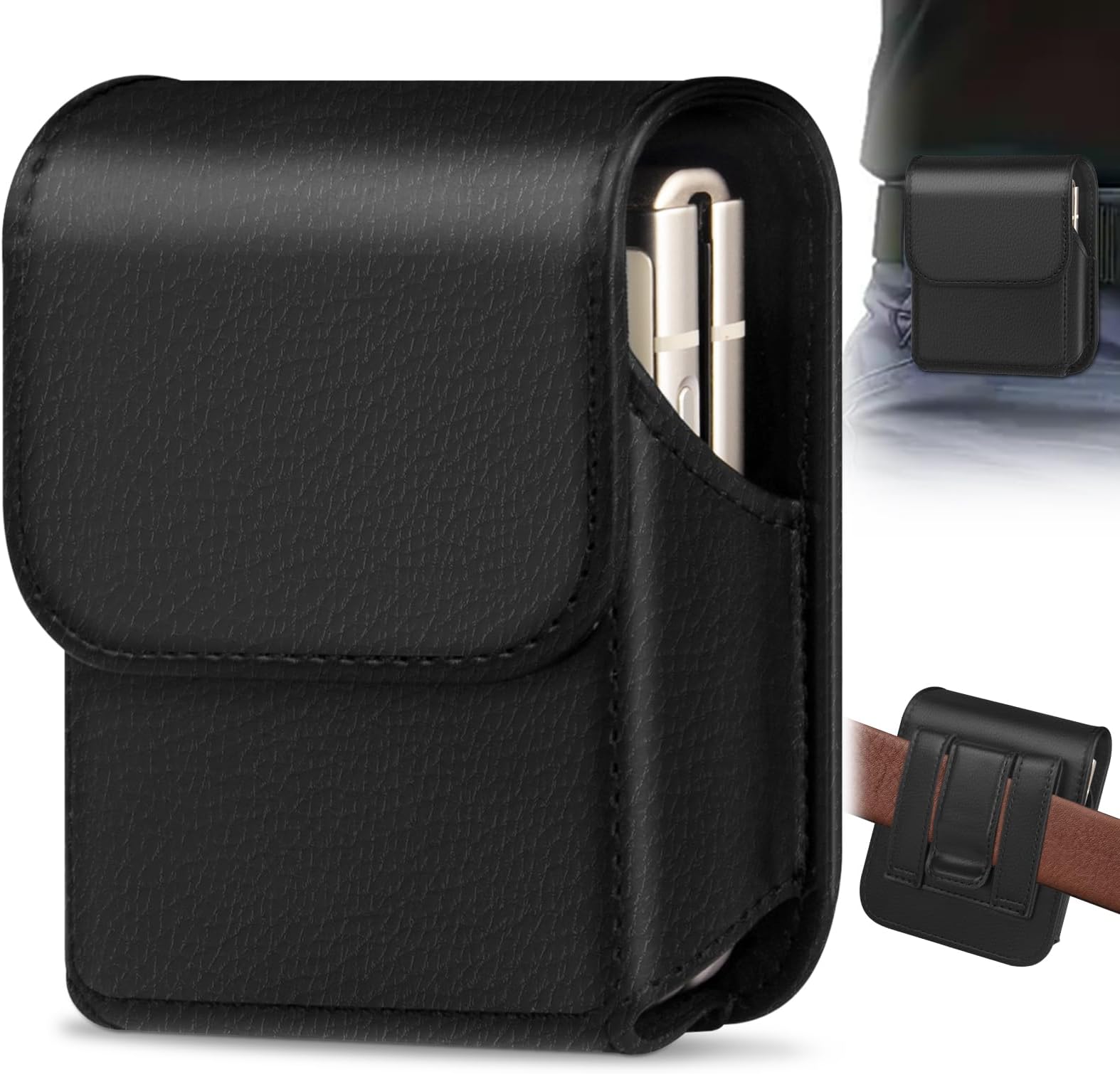 Phone Holster for Samsung Galaxy Z Flip7/6/5/4/3, Flip Phone Specific Protective Leather Holster for Motorola RAZR+ 2025 2024, Cellphone Belt Clip Holster Carrying Pouch Card Holder(Black)