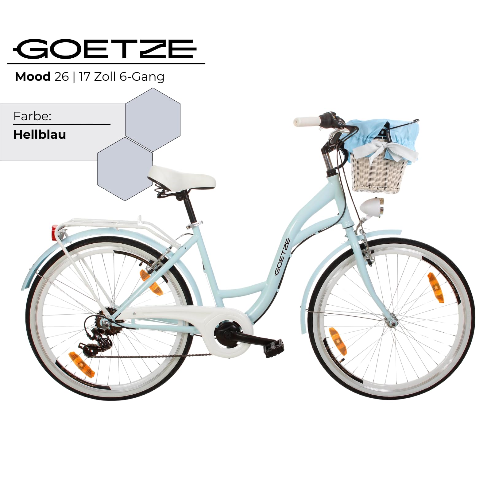 Goetze Mood 26 Zoll Jugendfahrrad, 17 Zoll Tiefeinsteiger Stahlrahmen, 6-Gang Kettenschaltung, doppelte V-Bremsen, LED-Beleuchtung, Rattankorb, Komfortsattel, mit Seitenständer & Klingel