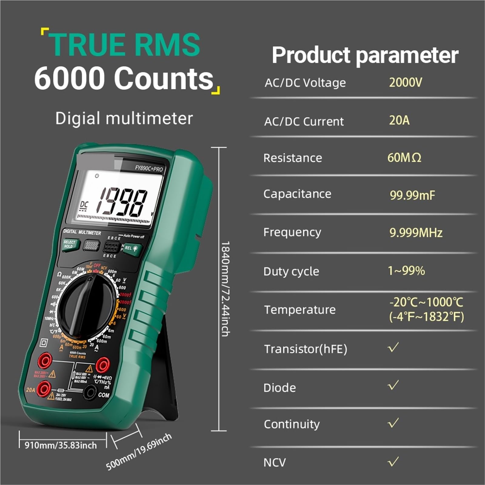 Multimetro Digitale, Multimetro digitale 6000 conteggi AC/DC 2000V/20A Vero RMS Tester di temperatura for elettricisti Fotovoltaico Minerario