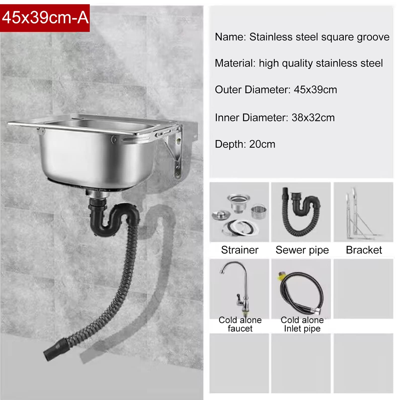 Lavello da Cucina,lavello Parete Commerciale in Acciaio Inox,lavello Rettangolare,con scolapiatti e Rubinetto,per Interni ed Esterni,Garage,Lavanderia/ripostiglio,Vasca Singola