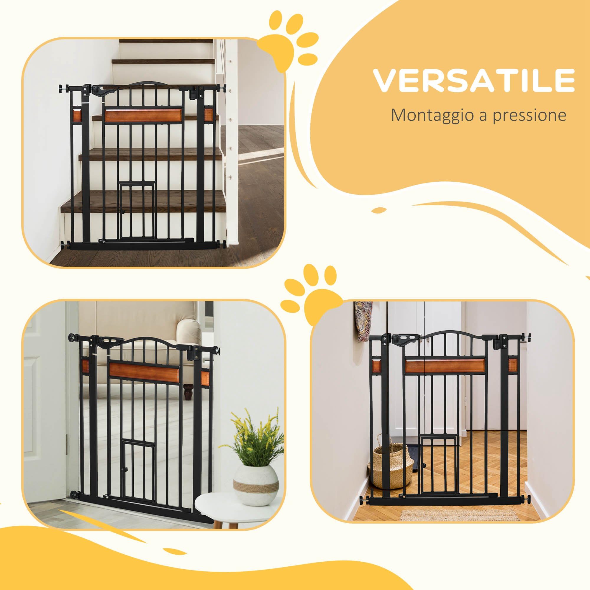Pawhut Puerta para perros con fijación a presión, barrera de seguridad extensible de 74-80 cm, con cierre automático, negro