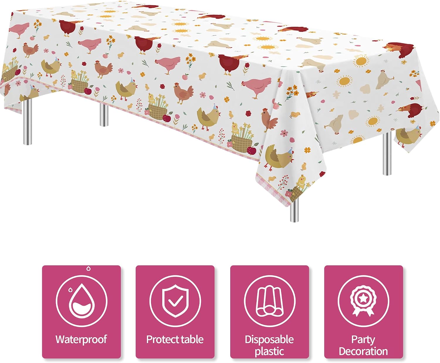 Chicken Party Decorations Tablecloth for Birthday Baby Shower, 3 Pack Farm Animal Barnyard Little Chick Birthday Party Supplies Table Cover, 55in x 86in