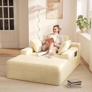 Ahomly 67" Boneless Chair, Chaise Lounge Chair Indoor with 3 Pillows, Beige