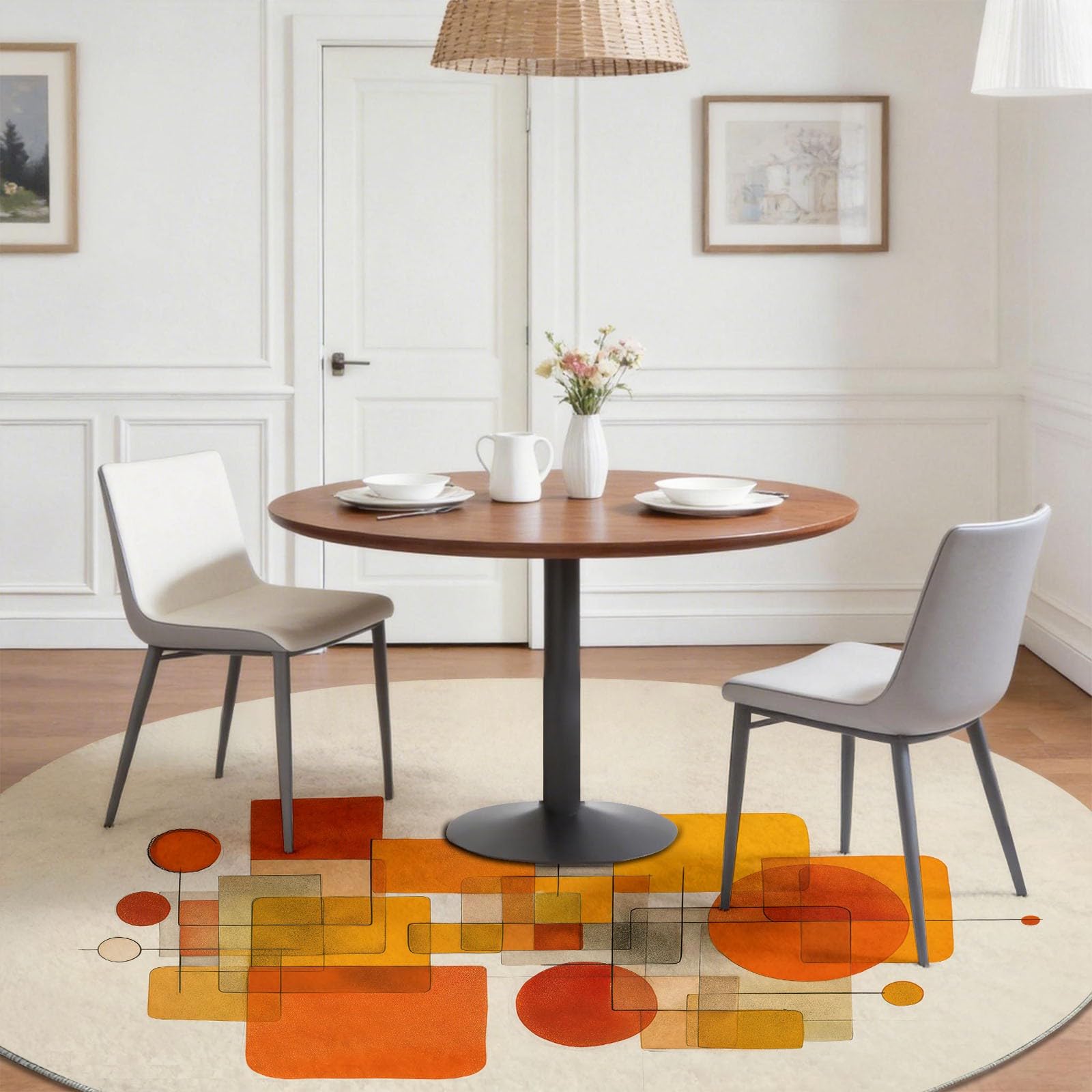 Abstrakt Farbblöcke Runder Teppich rutschfest 120 cm für Esszimmer & Flur, Beige für Esszimmer & Flur, Mid-Century Geometrisch Linien Weicher Kurzflor Teppich Waschbar Pflegeleicht
