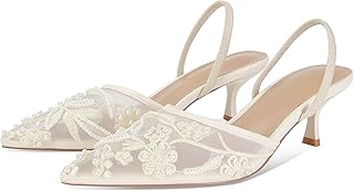 MAIJED Embroidered Kitten Heels for Women Pointed Toe Mesh Floral Slingback Heeled Sandals With Pearl Slip On Backless Bri...