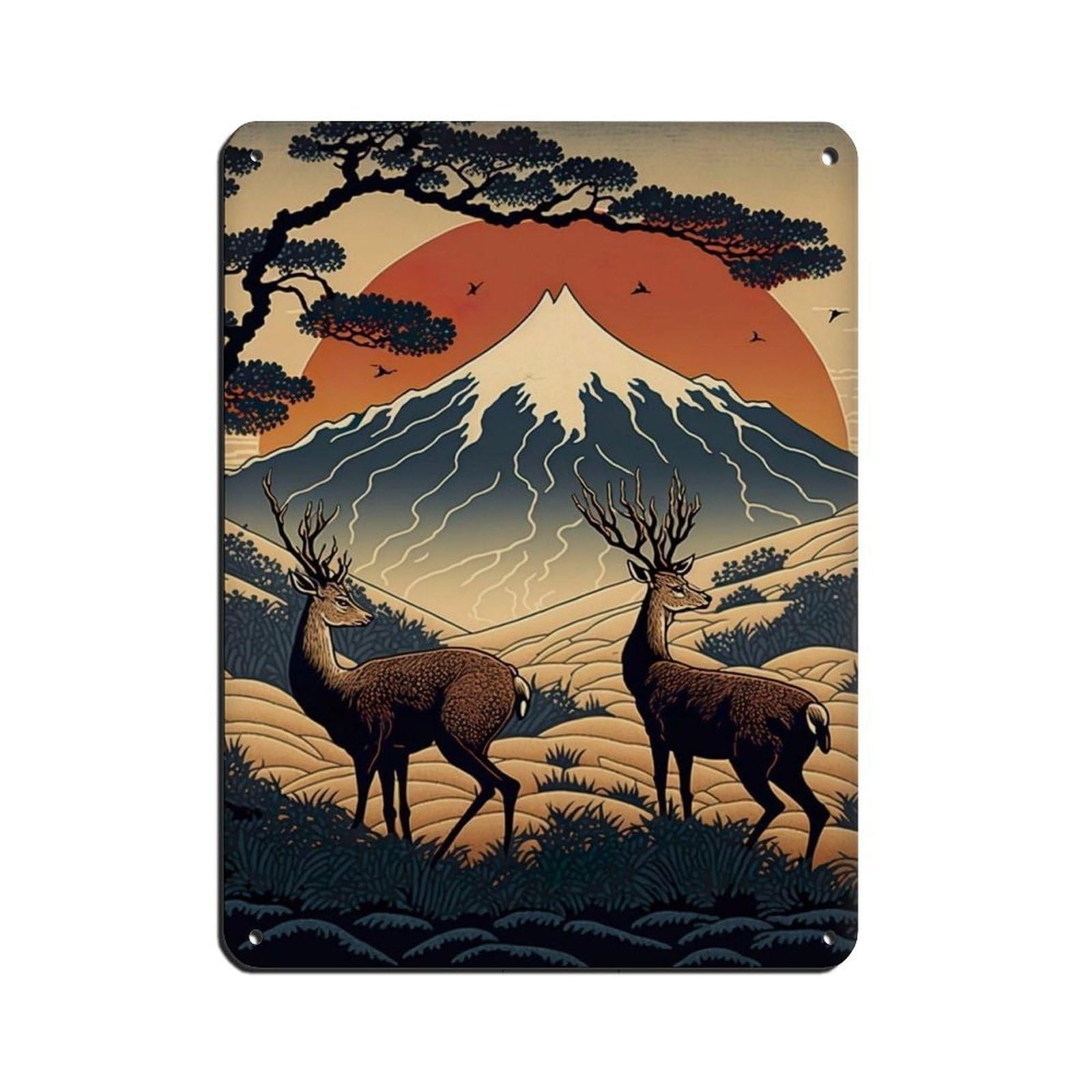 Sika Deers, Ukiyo-e Art Poster Tin Sign Vintage Metal Pub Club Cafe Bar Home Wall Art Decoration Poster Retro 12x16inch(30x40cm)