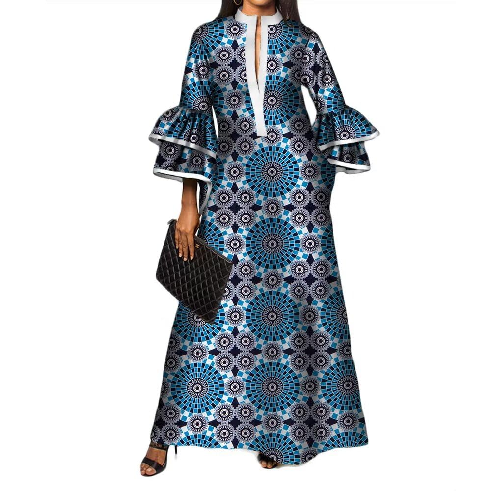 Womens Double Layered Bell Sleeve African Maxi Dress Ankara Wedding Party Dress