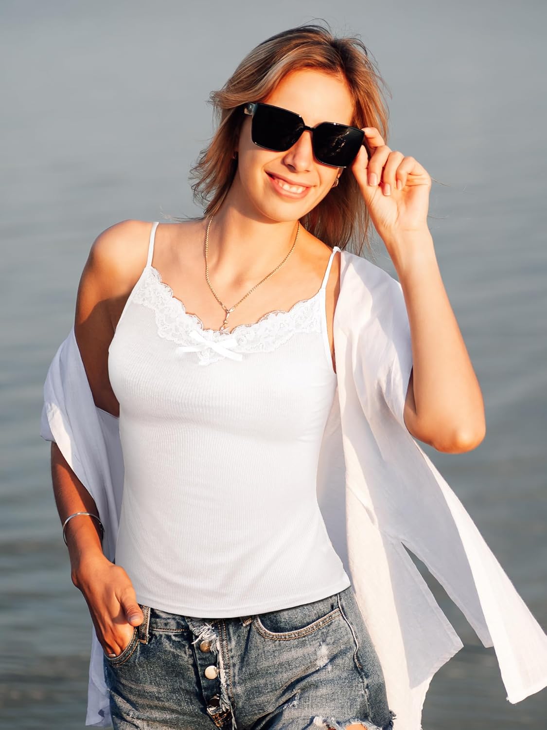 4 Pack Women's Long Lace Tank Tops Lace Camisole Spaghetti Strap Y2k Slim Fit Tight Basic Soft Cami Patchwork Tops - Image 3