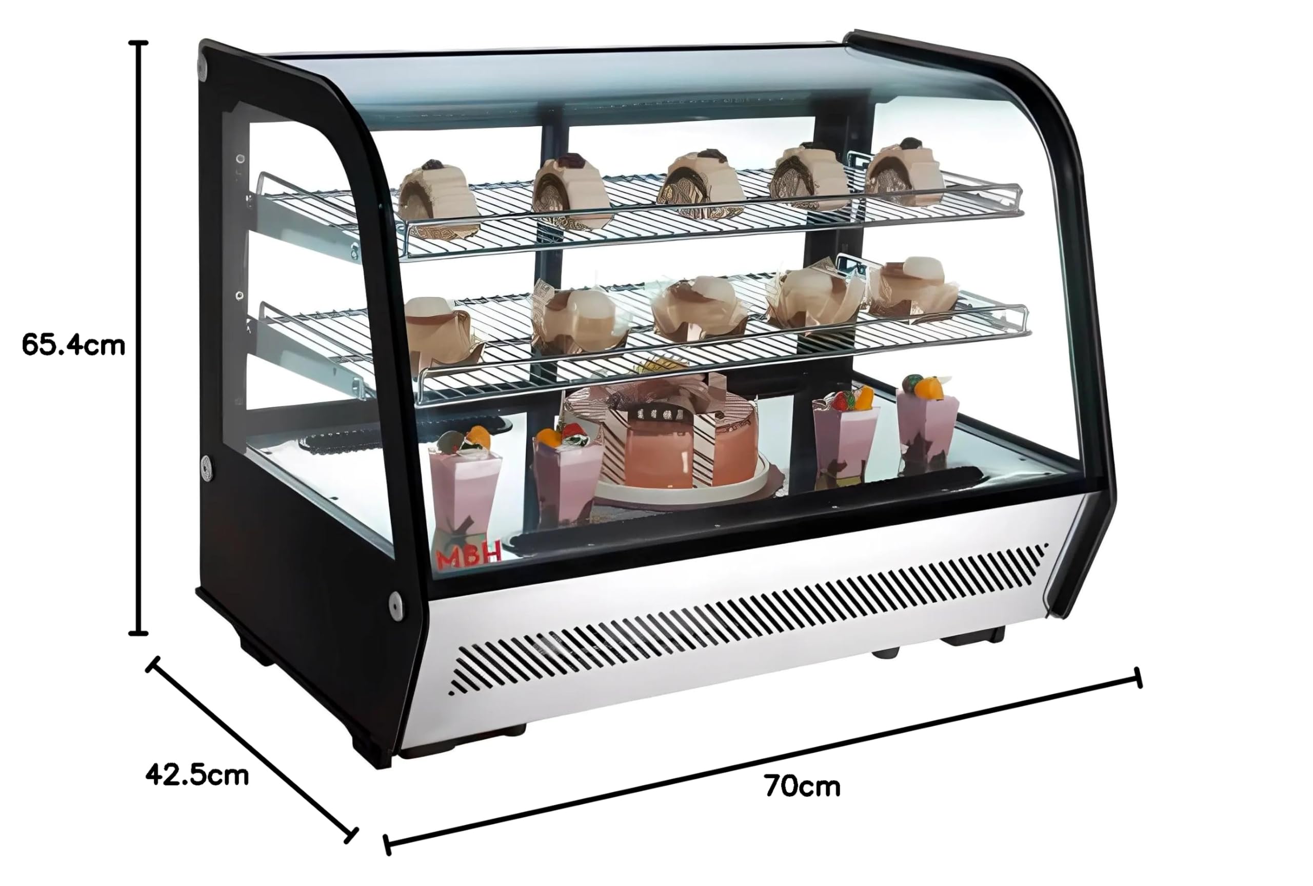 MBH – Vetrina refrigerata compatta professionale da banco, 100 litri, per la ristorazione. Frigorifero espositivo industriale da tavolo a 3 ripiani per bar, caffetteria e pasticceria.