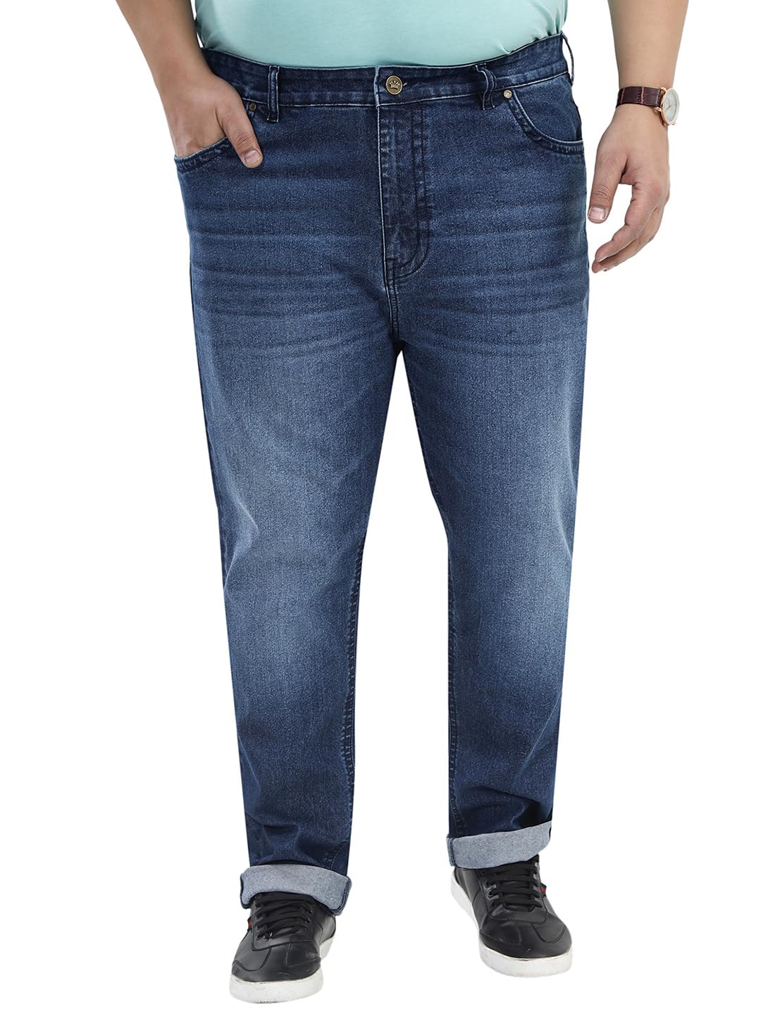 Plus Size Men Mid-Rise Light Fade Stretchable Regular Fit Navy Blue Jeans (EJPJ25176_Navy Blue)-image-2