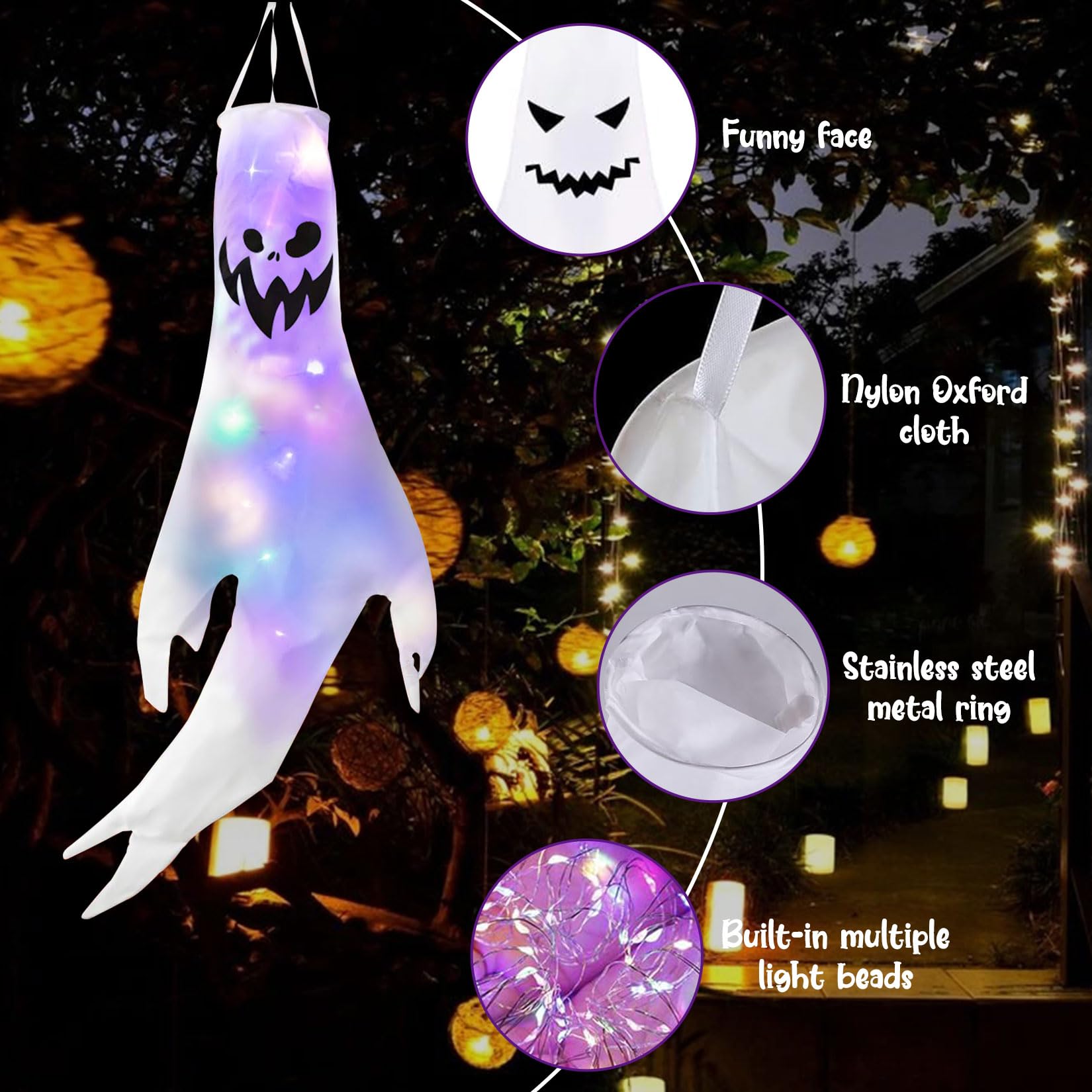 Herbst 2 unidades de decoración de Halloween, 140 x 57 cm, bolsas de viento colgantes, bandera fantasma, decoración de Halloween, decoración al aire libre para interior con diseño de cara de fantasma