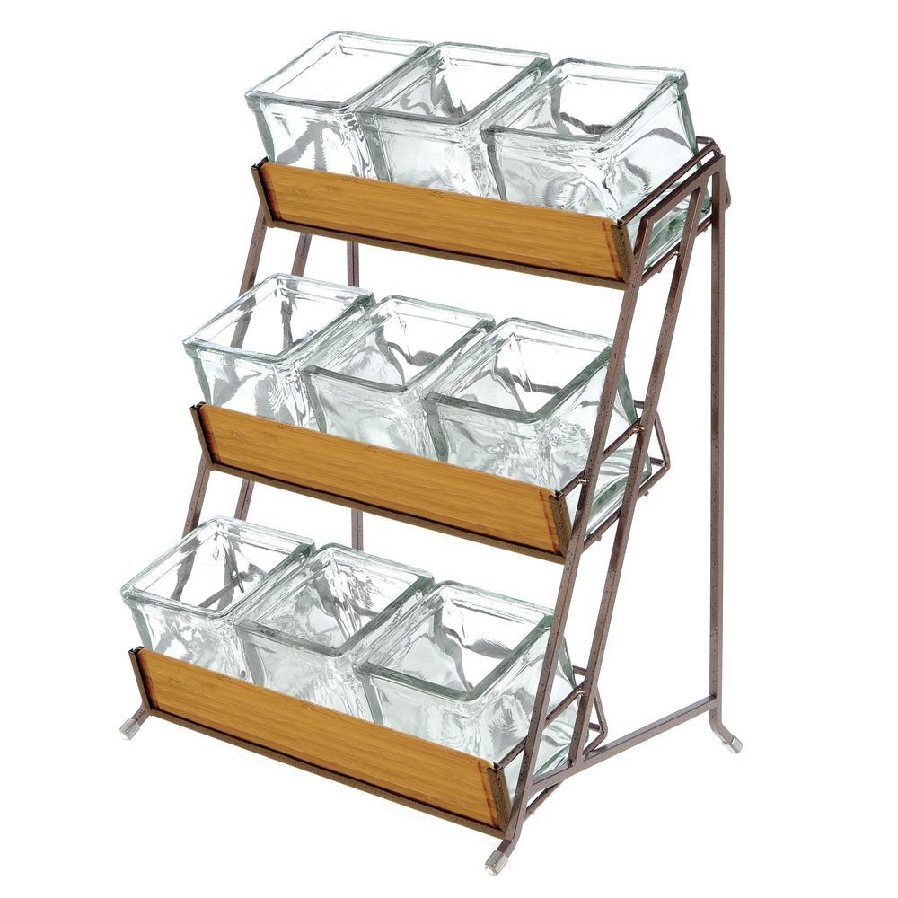 Condiment Holder 3-Tier Espresso Metal Condiment Holder with 9 Glass Inserts - 13" L x 9 1/2" W x 17 1/2" H by HUBERT – Metal, Espresso, Model 688640156242