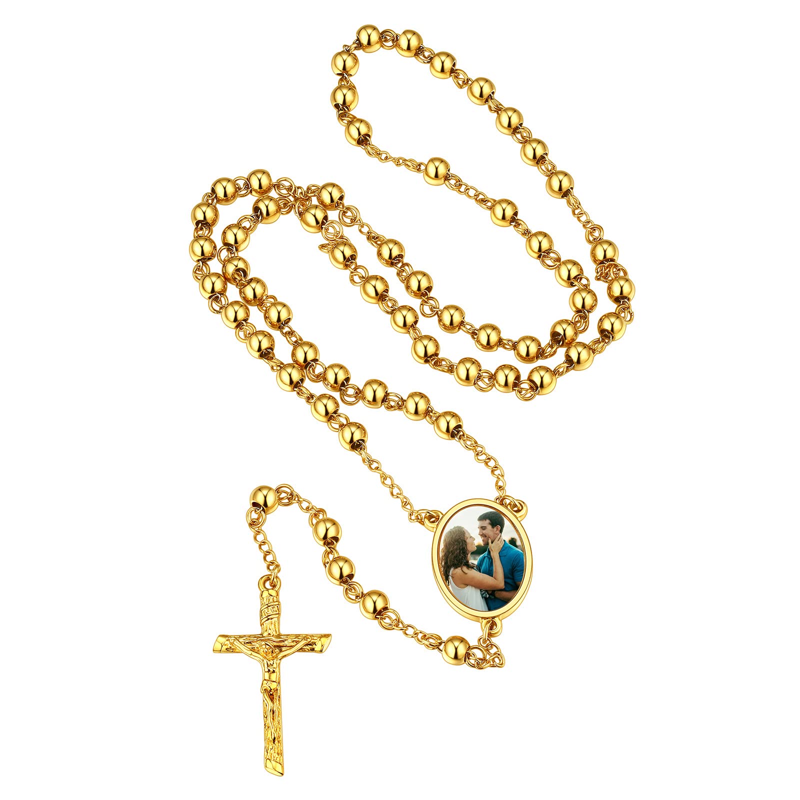 FindChicCollar Rosario Foto Personalizable Collar Cruz Rosarios Religiosos Collares Largos Cadena Acero Inoxidable Mujer Joyería de Protección
