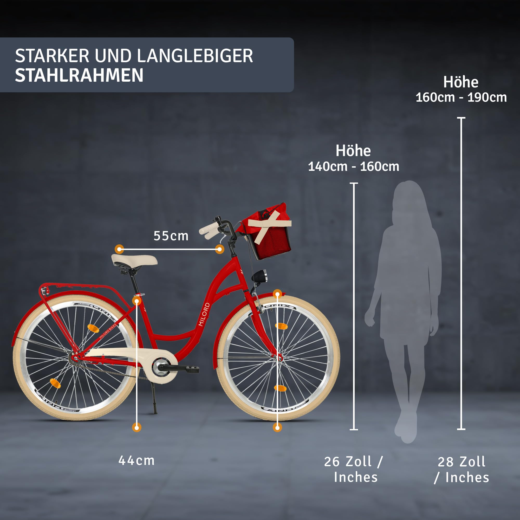 Komfort Fahrrad Citybike Mit Korb Vintage Damenfahrrad Hollandrad, 26 Zoll, Rot, 1-Gang Sport & Freizeit