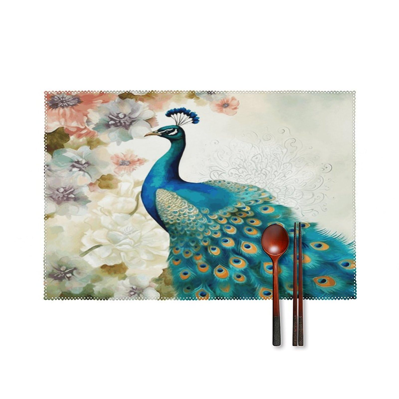 Beautiful Peacock and Floral Placemats Set of 6 Heat-Resistant Washable Place Mats Wipeable Kitchen Placemat Easy to Clean for Indoor Outdoor Party Kitchen Decoration