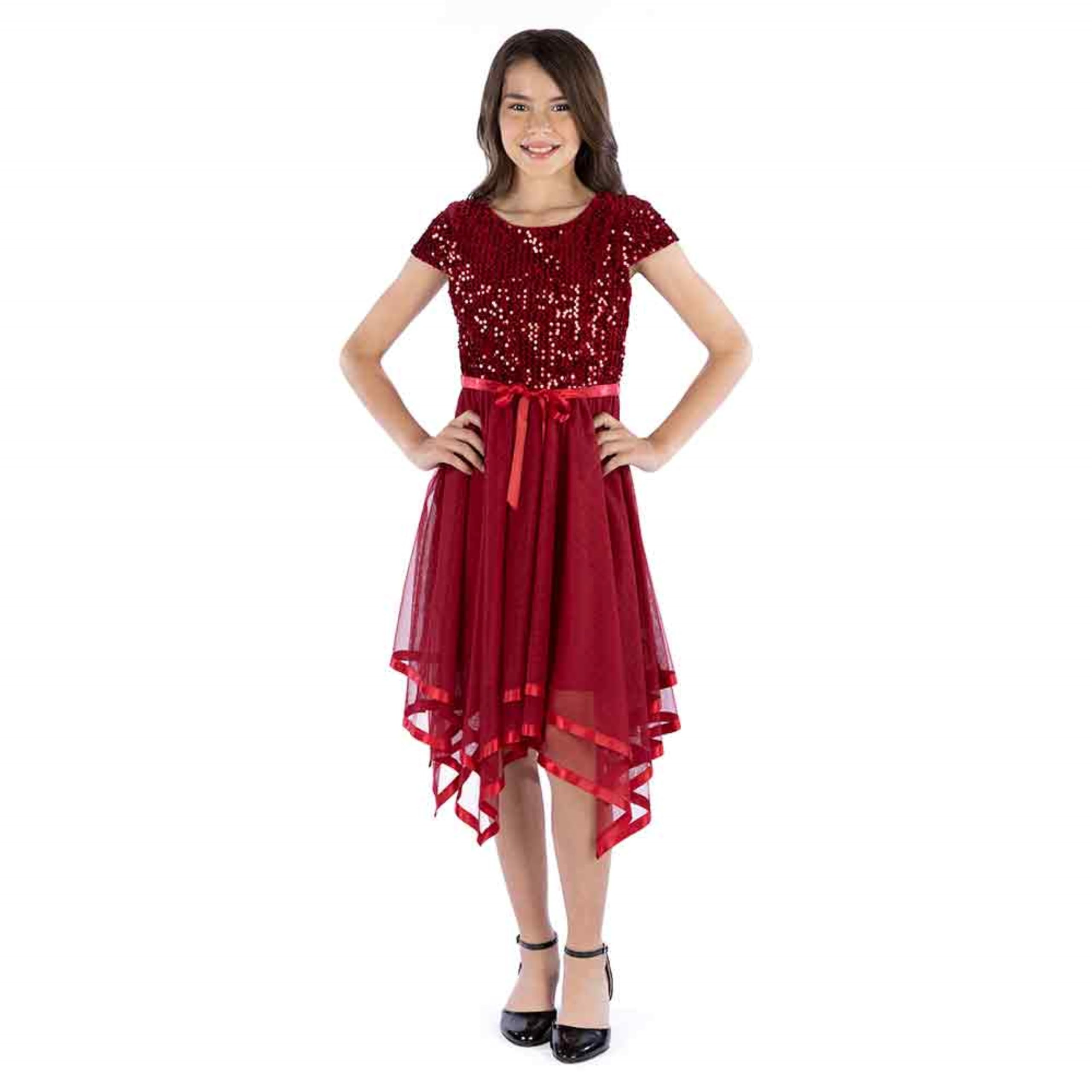 Speechless Girls' Short Sleeve Sequin Bodice Tulle Skirt Party Dress with Hanky Hem