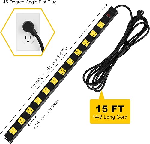 Miniatura 6 de SURAIELEC Tira de alimentación de metal larga de 12 tomas, protector de sobretensiones de cable de 15 pies, enchufe plano en ángulo, barra de