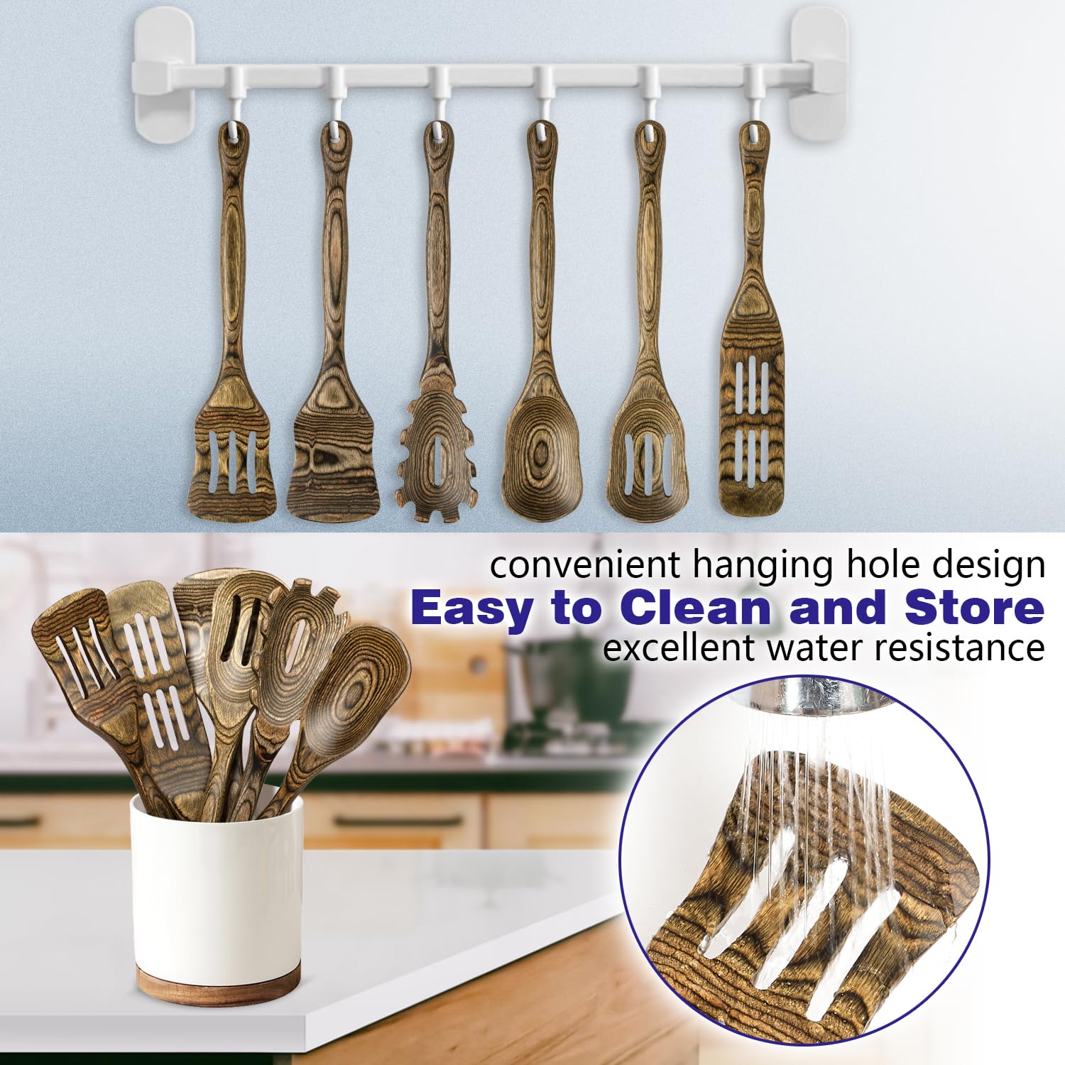 Cucharas de madera para cocinar, utensilios de madera para cocinar, juego de 6 herramientas de cocina HOWHONG que incluye cuchara de cocina, cuchara ranurada, espátula ranurada, cuchara de espagueti,