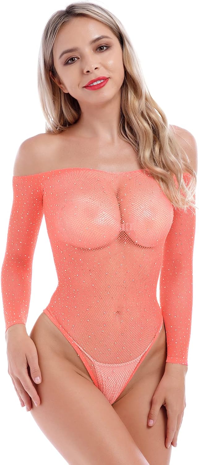 Rave Outfit for Women Festivals Sparkle Rhinestone Teddy Fishnet Long Sleeve Bodysuit Top Sheer Mesh Sexy Lingerie Off Shoulder Stripper Outfits Exotic See Through Clubwear Fluorescent Orange Pink at  Women’s Clothing store
