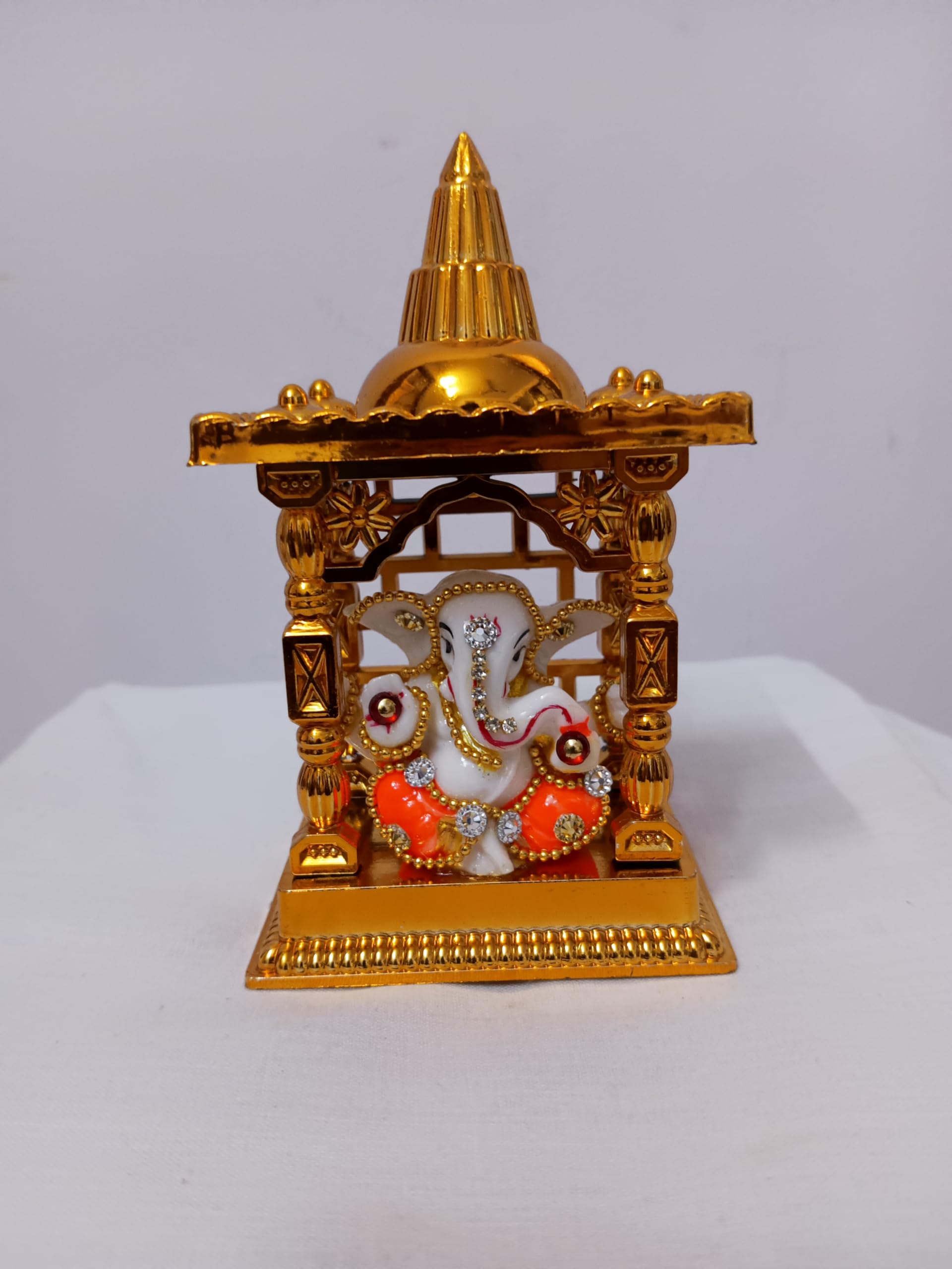 Decorative Lord Ganesha Temple, Gold-Plated Car Mandir with Crystal Accents, Religious Shrine for Car Dashboard